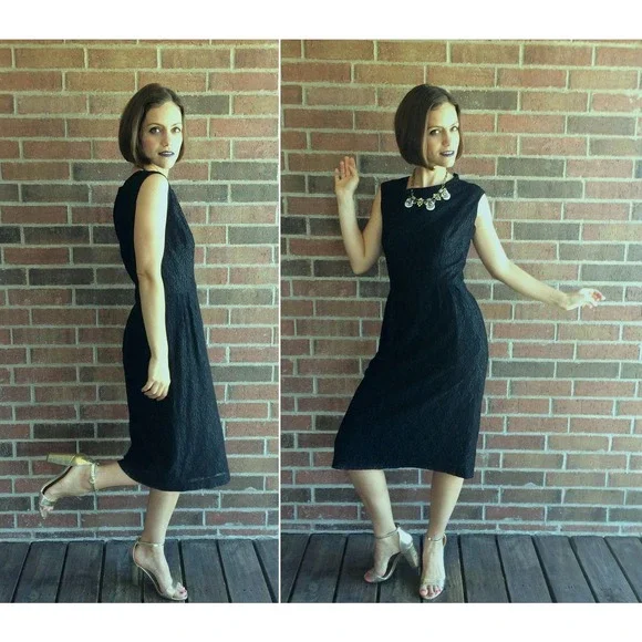 1920s long black dress 1950s Black with Pink Trim Vintage Swing Dress  Curvique Vintage